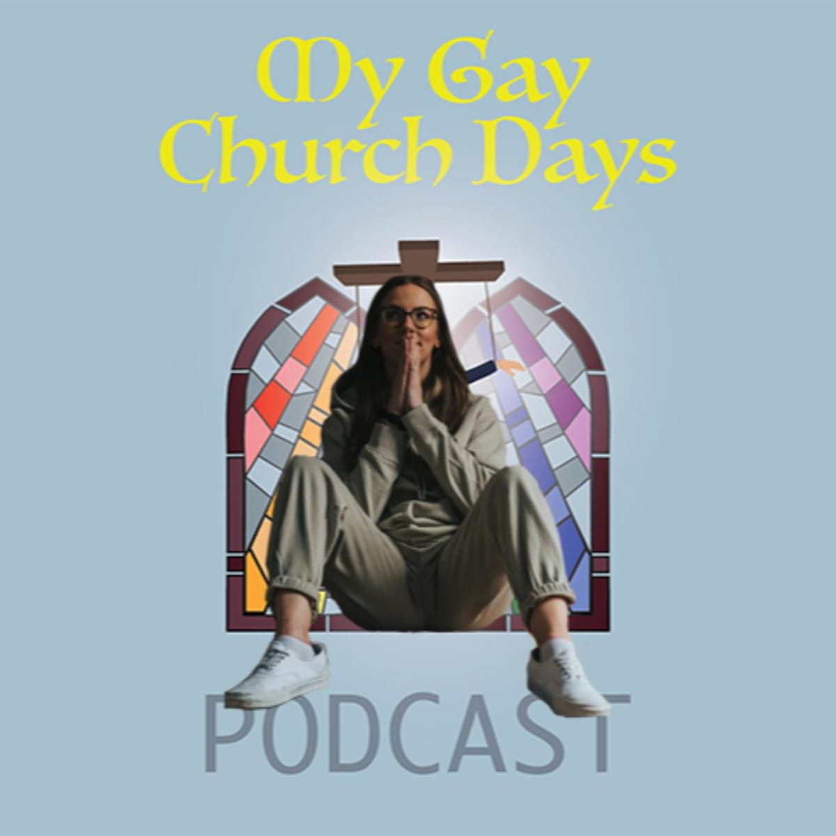 podcast cover for ‘my gay church days’ featuring tot sitting in front of a stained glass window.